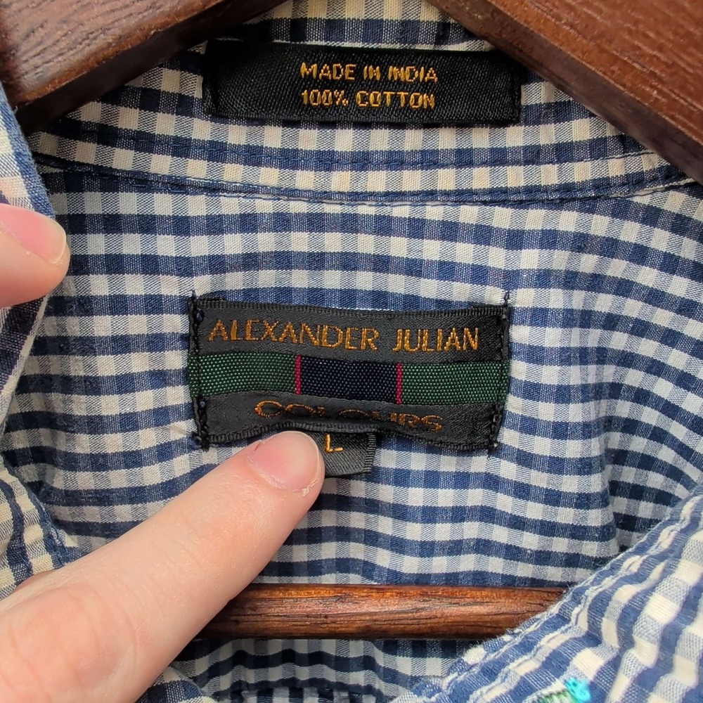 Alexander Julian Colours Shirt Mens L Blue Gingham Short Sleeve Button Down - Picture 4 of 6
